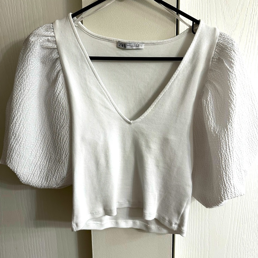 White Ribbed Balloon Sleeve Crop Top - Picture 1 of 4